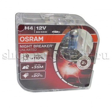 Галогенная лампа (2 шт) для VW Polo седан (с 2010 г.в. по н.в.), Osram H4 Night Breaker Unlimited +110% света